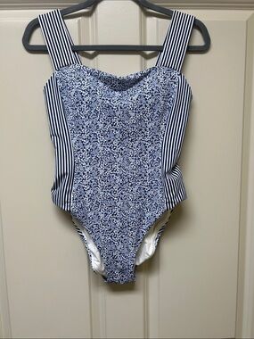 Land’s End Blue  Floral & Navy Stripe One-Piece Swimsuit